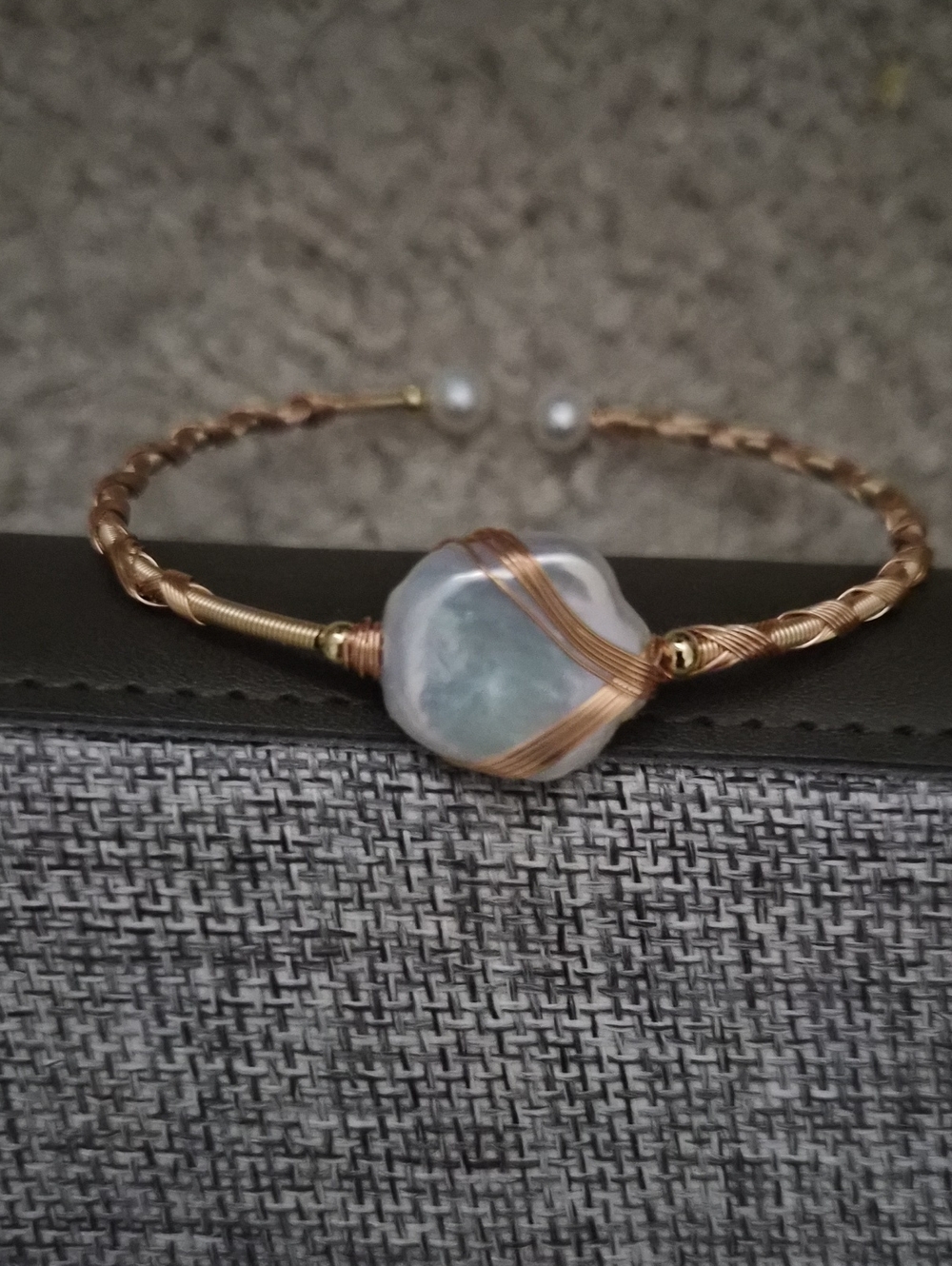 Rose Gold Wire-Wrapped Blue-White Pearl Bracelet